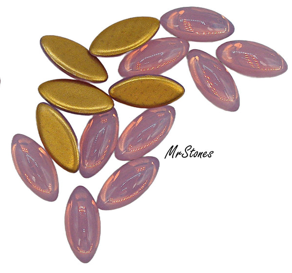 15x7mm (3175) Rose Pink Opal Glass Marquise Navette Gold Foiled Cabochon