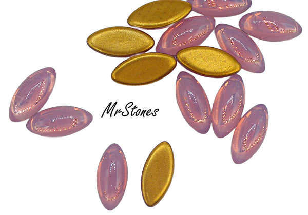15x7mm (3175) Rose Pink Opal Glass Marquise Navette Gold Foiled Cabochon