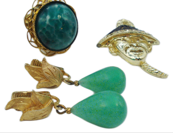 3 pc Vintage Asian Lot Glass Chinese Jade Ring Earrings Man Pin