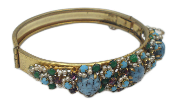 Bracelet Hinged Ornate Wired Multi Color Stones Turquoise Matrix Cabs