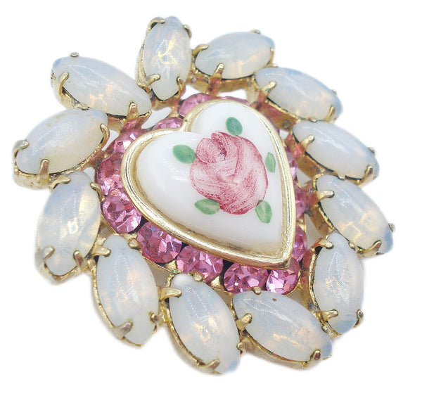 Brooch Pin 1 1/2" Heart White Opal Pink Rhinestones Painted Heart Stone