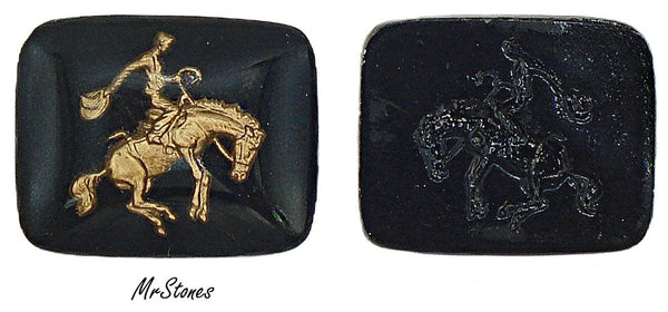 25x20mm Antique Cushion Reverse Intaglio Black and Gold Rodeo Cowboy