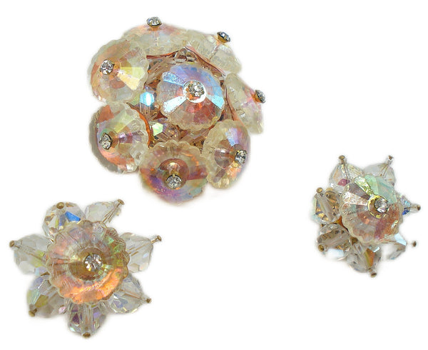 VINTAGE SET-Margaritas Pinkish Crystal AB Glass AB Beads Brooch Earrings