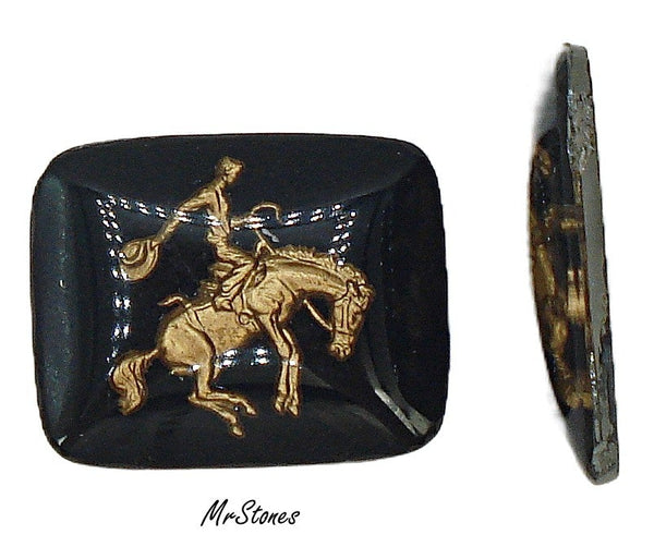 25x20mm Antique Cushion Reverse Intaglio Black and Gold Rodeo Cowboy