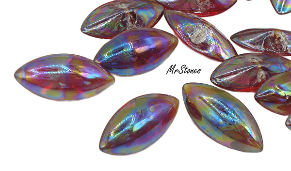 15x7mm (3146) Iridescent Ruby AB Marquise Navette Buff Top Doublet w/Bead Holes