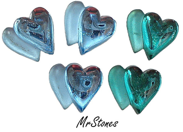 13mm Double Heart Flatback 5pc Lot 3 Aqua 2 Emerald