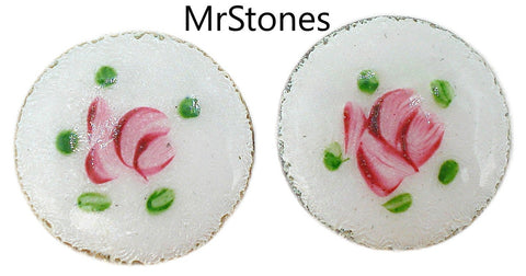 18mm Guilloche Enamel Flowers on Metal Low Domed Cabochon White Pink 2/$1.50