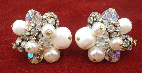 VENDOME Earrings Cluster Beads Assorted Sizes Crystal AB Pearls Rhinestones