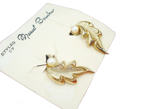 BOUCHER Earrings on Card Gold Tone Leaves Faux Pearls 1 1/4"