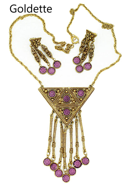 SIGNED GOLDETTE SET Gold Tone Amethyst Rhinestones Dangles Necklace Earrings