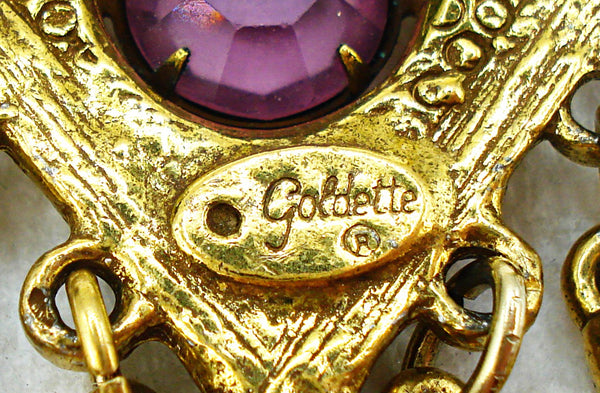 SIGNED GOLDETTE SET Gold Tone Amethyst Rhinestones Dangles Necklace Earrings