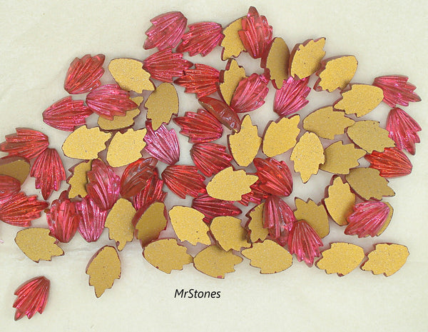 14x9mm (LEAF) Raspberry Color Flat Back Leaf Gold Foiled West Germany