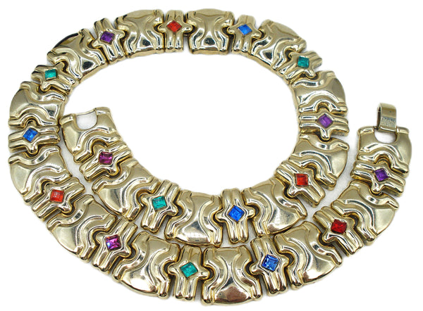 Collar Necklace Shiny Gold Tone Multi Color Square Rhinestones 18" x 3/4"