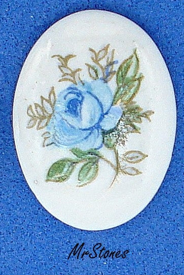 18x13mm (1685) Blue Rose Flower Decal or Painted Oval Glass Cabochon Low Dome