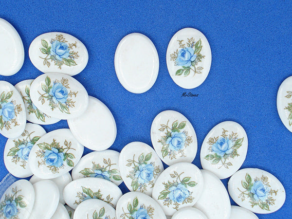 18x13mm (1685) Blue Rose Flower Decal or Painted Oval Glass Cabochon Low Dome