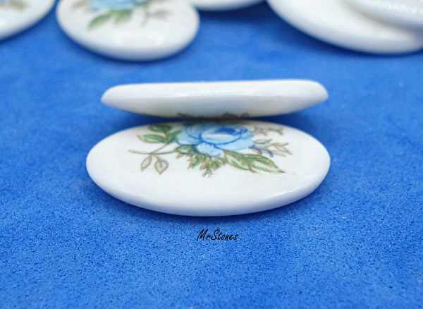 18x13mm (1685) Blue Rose Flower Decal or Painted Oval Glass Cabochon Low Dome
