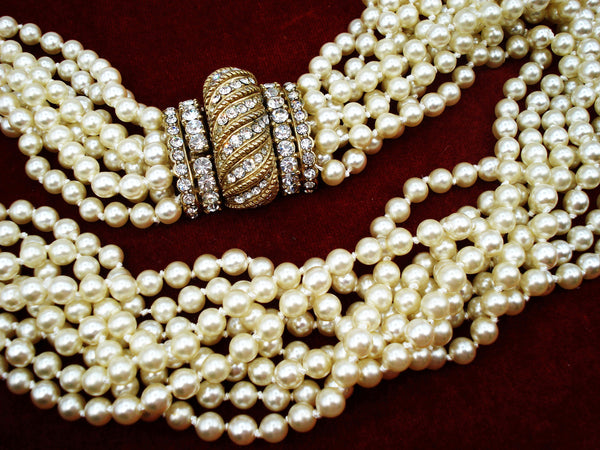 CINER NECKLACE 8 Strand Knotted Creme Glass Pearls Crystal Rhinestone Clasp