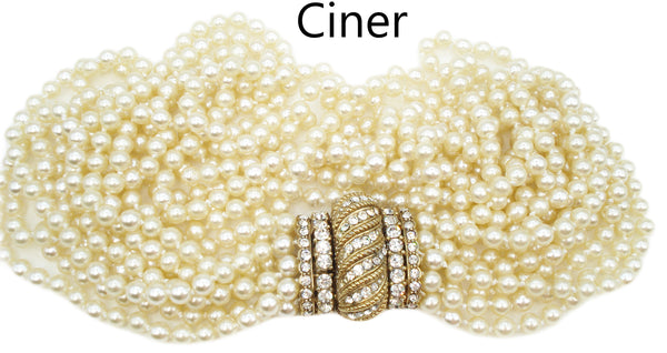 CINER NECKLACE 8 Strand Knotted Creme Glass Pearls Crystal Rhinestone Clasp