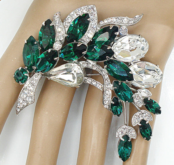 2 3/4" Eisenberg Ice Crystal Emerald Rhinestone Brooch