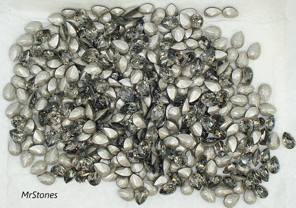 8x6mm (4320) Black Diamond Pear Pendeloque Shape Silver Foiled New Swarovski