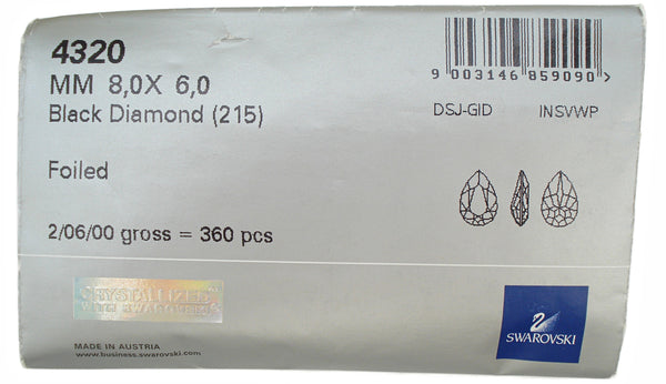 8x6mm (4320) Black Diamond Pear Pendeloque Shape Silver Foiled New Swarovski