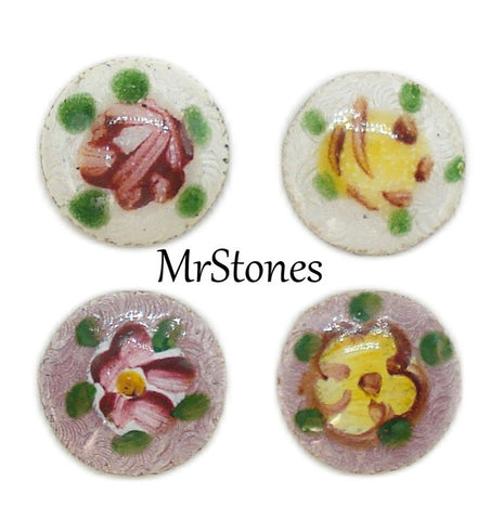 8.2-8.4mm Guilloche Round Cabochon Metal with Enamel on Flowers Floral 4pk$1.00