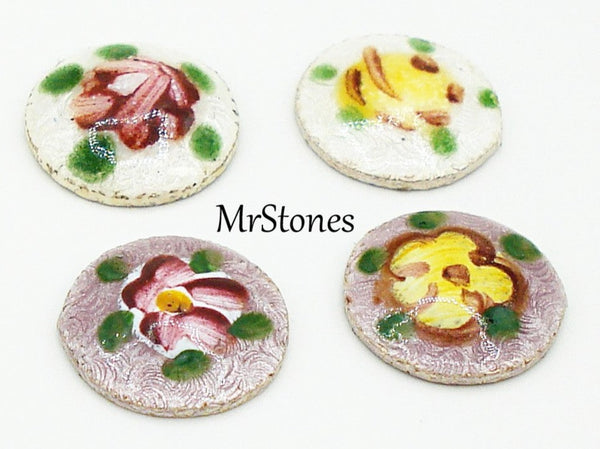 8.2-8.4mm Guilloche Round Cabochon Metal with Enamel on Flowers Floral 4pk$1.00