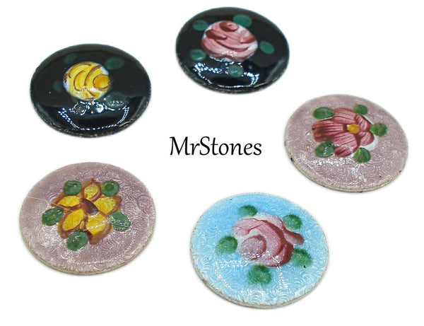14.5mm Guilloche Round Metal Enamel Cabochons Disc Flowers Floral 2pc/$1.00
