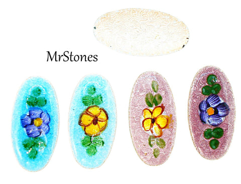 18x9mm Guilloche Oval Cabochon Metal with Enamel Flower Floral 2pk/$1.00
