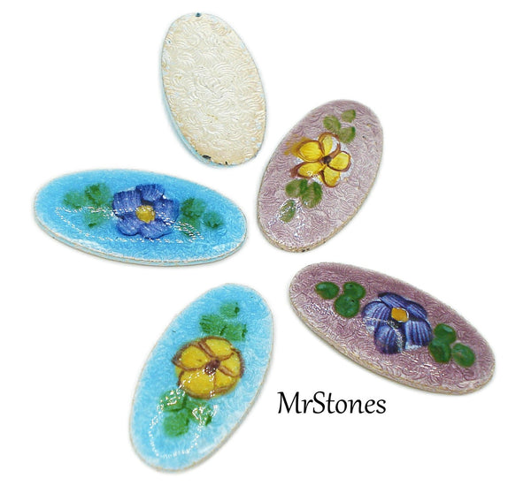 18x9mm Guilloche Oval Cabochon Metal with Enamel Flower Floral 2pk/$1.00