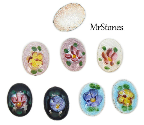 10x8mm Guilloche Oval Cabochon Metal with Enamel Flowers Floral 3pk/$1.00