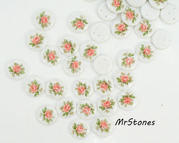 10mm Pink Red Rose Flower On White Decal Round Cabochon 2.2-2.3mm Thick Japan 1pc-5pc
