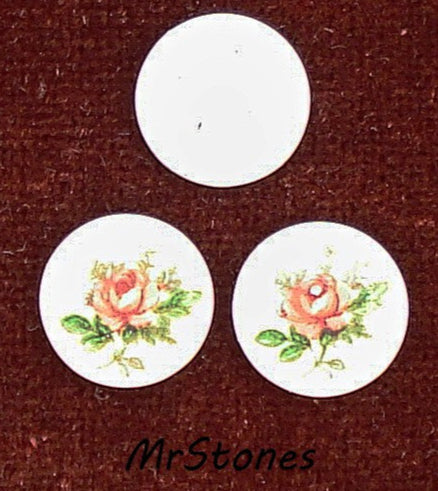 10mm Pink Red Rose Flower On White Decal Round Cabochon 2.2-2.3mm Thick Japan 1pc-5pc