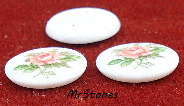 10mm Pink Red Rose Flower On White Decal Round Cabochon 2.2-2.3mm Thick Japan 1pc-5pc