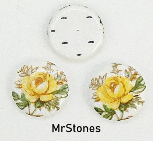 10mm Yellow Rose Flower On White Decal Round Cabochon 2.2-2.3mm Thick Japan 1pc-5pc
