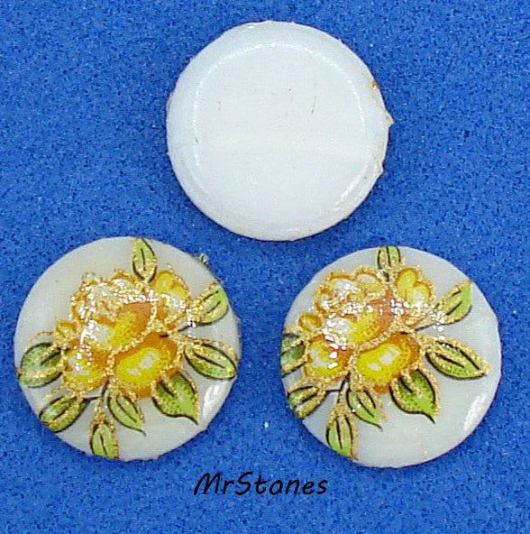 10mm Yellow Rose Flower Decal Round Low Dome Glass Cabochon Japan