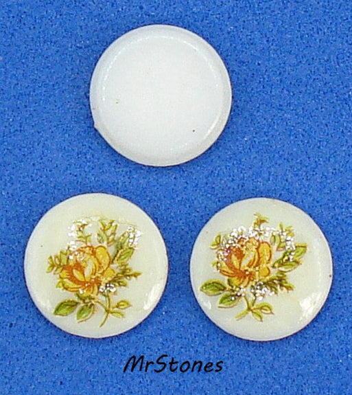 10mm Antiqued Yellow Rose Stem Flower Decal Round Low Dome Glass Cabochon Japan