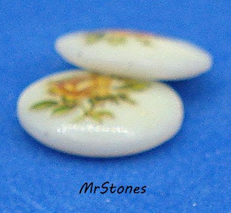 10mm Antiqued Yellow Rose Stem Flower Decal Round Low Dome Glass Cabochon Japan