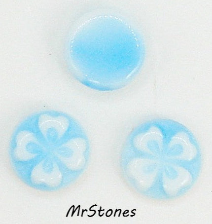 9mm (8.7mm) Round Cabochon Blue with White 4 Leaf Clover Flower West German