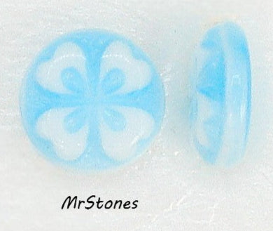 9mm (8.7mm) Round Cabochon Blue with White 4 Leaf Clover Flower West German