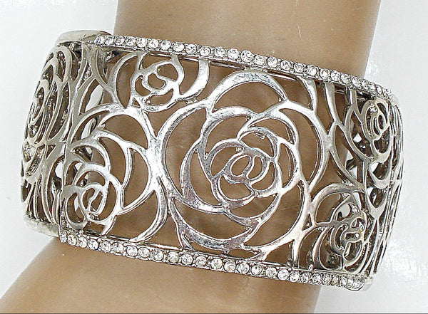 Vintage Bracelet Hinged Like Silver Tone Openwork Roses Crystal Rhinestones