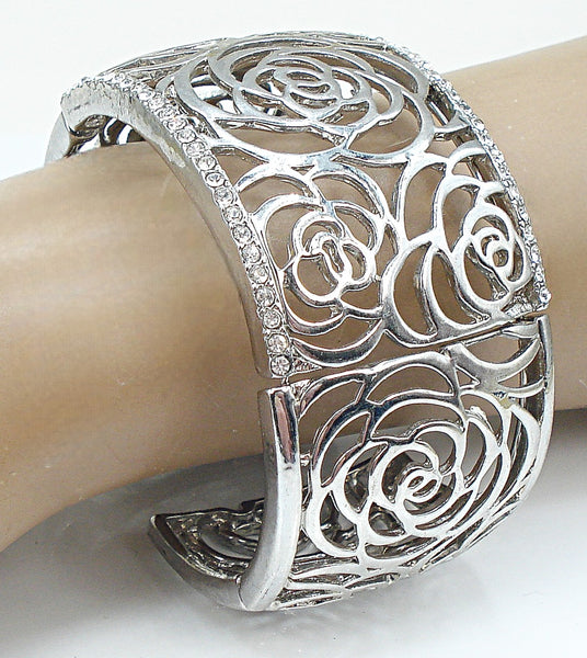 Vintage Bracelet Hinged Like Silver Tone Openwork Roses Crystal Rhinestones