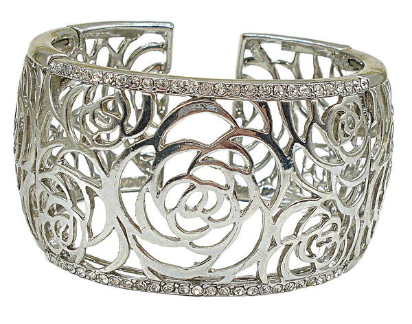 Vintage Bracelet Hinged Like Silver Tone Openwork Roses Crystal Rhinestones