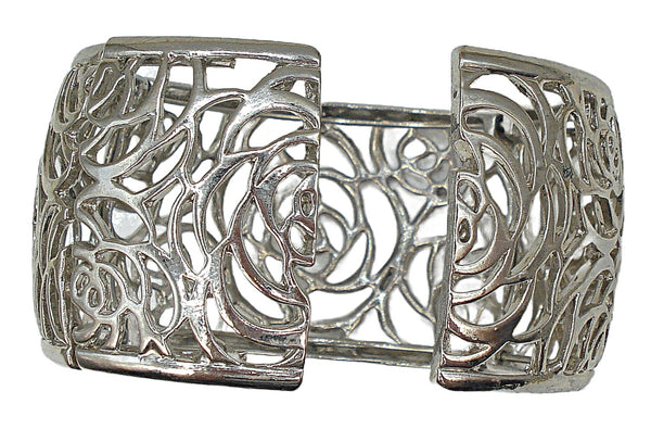 Vintage Bracelet Hinged Like Silver Tone Openwork Roses Crystal Rhinestones