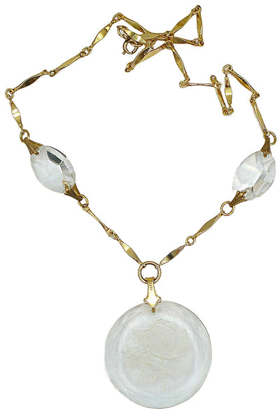 Vintage Necklace Gold Tone Glass Beads Rose Intaglio Pendant
