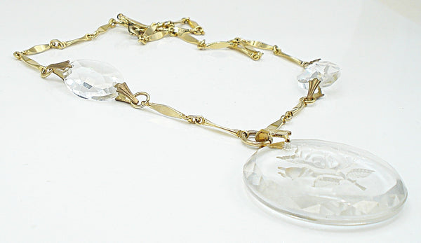 Vintage Necklace Gold Tone Glass Beads Rose Intaglio Pendant