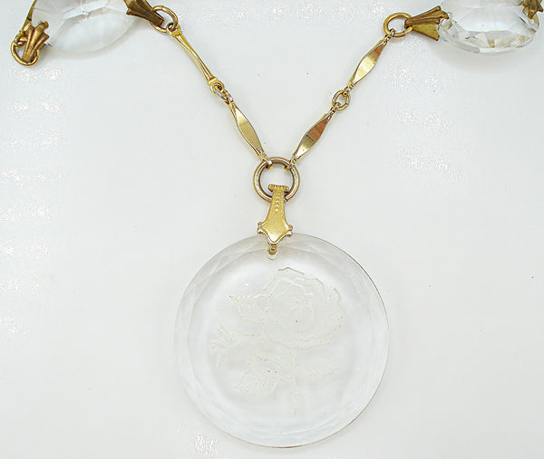 Vintage Necklace Gold Tone Glass Beads Rose Intaglio Pendant