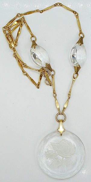 Vintage Necklace Gold Tone Glass Beads Rose Intaglio Pendant
