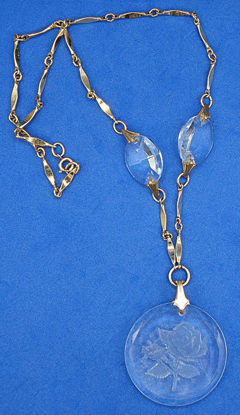 Vintage Necklace Gold Tone Glass Beads Rose Intaglio Pendant