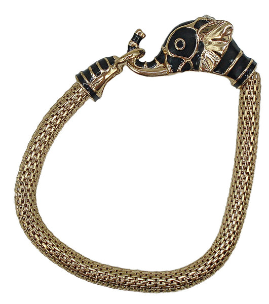 Vintage Gold tone Besh Bracelet Enamel Elephant 7' 5/8" Wide